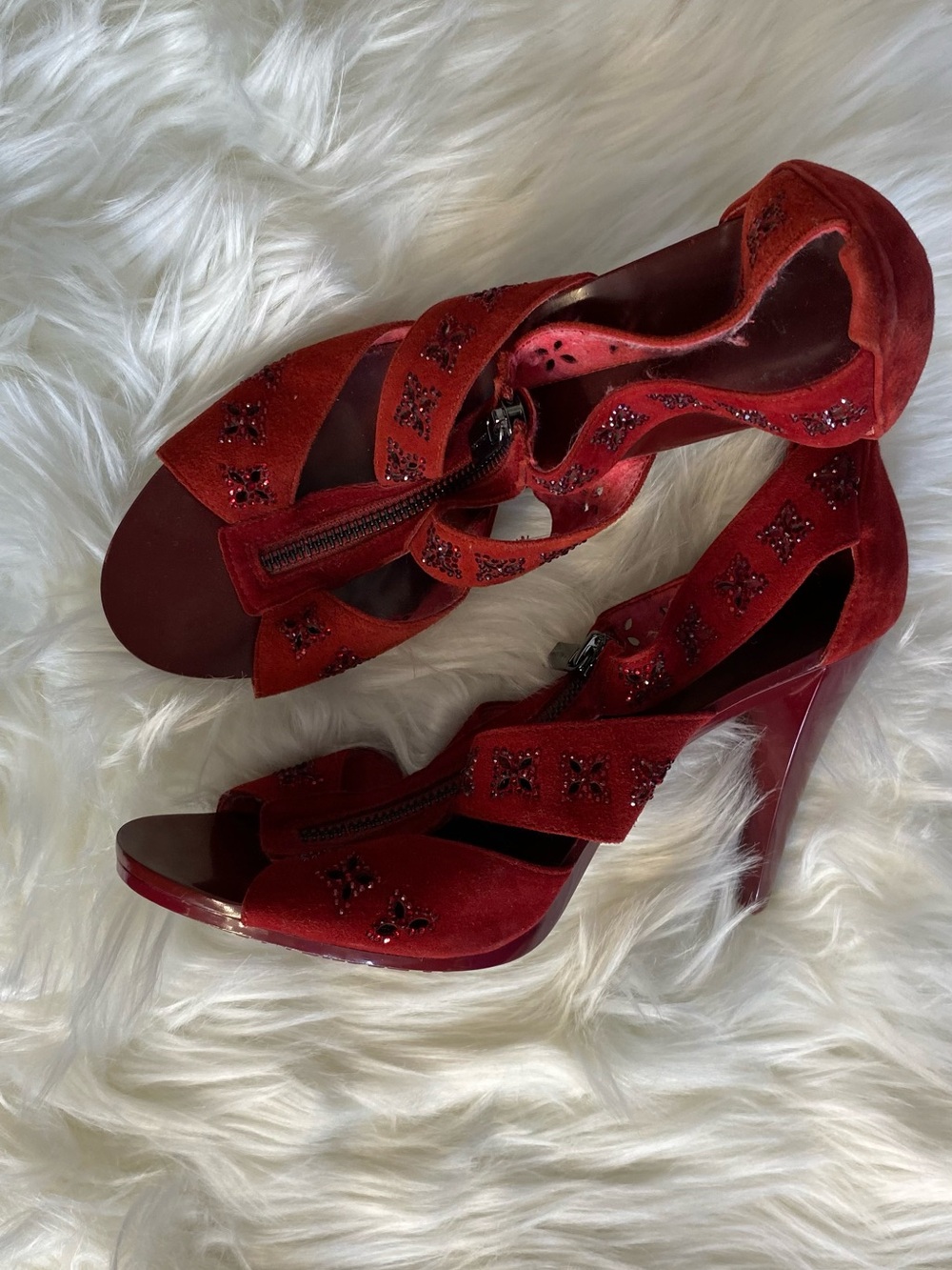 Michael Kors Red Suede Beaded Strappy High-Heel Sandals